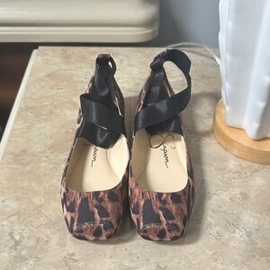 Jessica Simpson Leopard Print Women's Ballet Flats with Black Ribbon